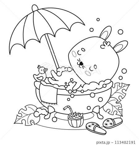 Outline relaxed bunny soaking in bubble bath with rubber duck, under sun umbrella. Whimsical vacation atmosphere in bathroom with animal character. Vector illustration. Line drawing, coloring book. 113482191