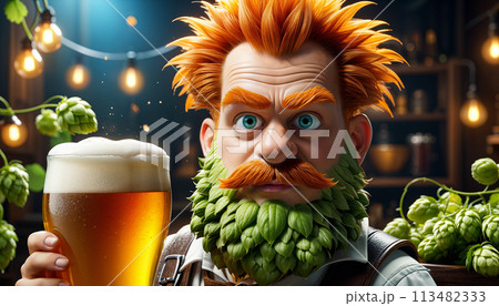 A leprechaun with red hair and a beard made of flowers or hop cones drinks beer in a cozy pub 113482333