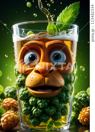 A leprechaun with red hair and a beard made of flowers or hop cones drinks beer in a cozy pub 113482334