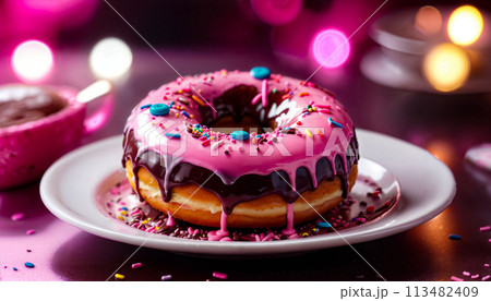 The donut is covered in chocolate and pink icing that drips from it and sprinkled with colored powder. Lying on a white plate on a pink table and background. Close up 113482409