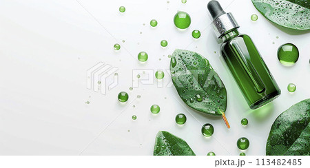 Eco cosmetics. Cosmetic bottle with green leaf closeup, isolated on white background 113482485
