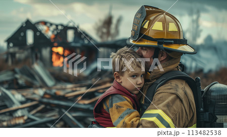 A Caucasian male firefighter carries a young boy in a fire disaster area. 113482538