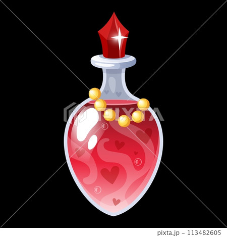 Magic bottle with potion. Red liquid glass vial, witch love elixir, magical wizard aphrodisiac beverage. Alchemy substance isolated element. Game ui object. Witchcraft chemistry. Vector illustration 113482605