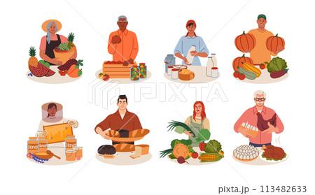 Farmers local market. Farm food. People selling eco grocery. Gardeners at counters. Apiary honey. Fresh fruit and vegetables. Poultry meat and eggs. Dairy product. Small business sellers vector set 113482633