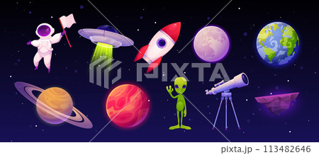 Space game alien, astronaut and spaceship. Mars, Saturn and earth planets. cosmonaut and ship. Cartoon green creatures, fantasy future, UI set. Rocket UFO. Vector cartoon flat isolated illustration Space game alien, astronaut and spaceship. Mars, Saturn and earth planets. cosmonaut and ship. Cartoon green creatures, fantasy future, UI set. Rocket UFO. Vector cartoon flat isolated illustration 113482646