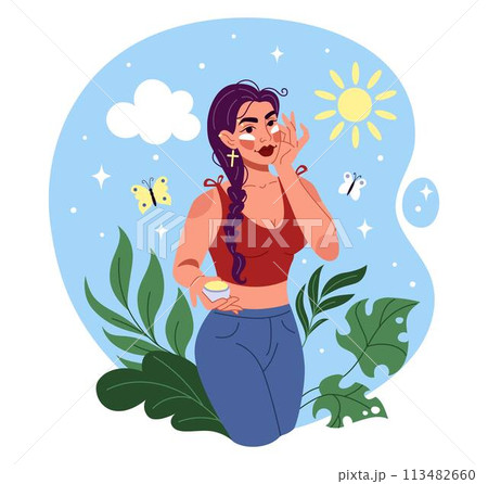 Dehydration of heat. Exhaustion heatstroke woman. Summer sun sunburn. Female body care. Girl applies sunscreen lotion. SPF skin cream. Exposure dehydrating. Hot sunny weather. Vector tidy illustration Dehydration of heat. Exhaustion heatstroke woman. Summer sun sunburn. Female body care. Girl applies sunscreen lotion. SPF skin cream. Exposure dehydrating. Hot sunny weather. Vector tidy illustration 113482660