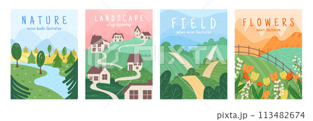 Flower background. Forest village, mountain abstract background. Spring poster, tree, geometric park texture. Watercolor plant, house farm, field summer. Countryside scenery. Vector garish flat set 113482674