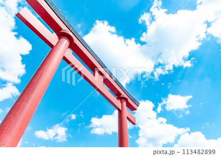 青空を背景に聳え立つ鮮やかな鳥居 113482899