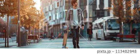 Caucasian man walking in the city with his skateboard. 113482948