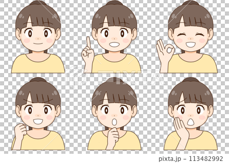 A set of six different expressions and poses of a young woman with a ponytail A set of six different expressions and poses of a young woman with a ponytail 113482992