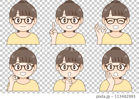 A set of six different expressions and poses of a young woman with glasses and a ponytail A set of six different expressions and poses of a young woman with glasses and a ponytail 113482993