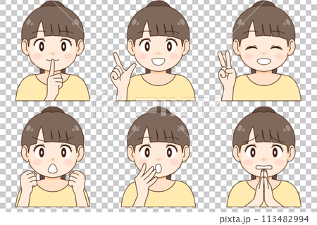 A set of six different expressions and poses of a young woman with a ponytail 113482994