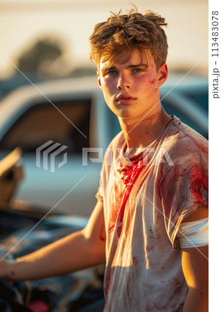 Caucasian man injured in road car accident. 113483078