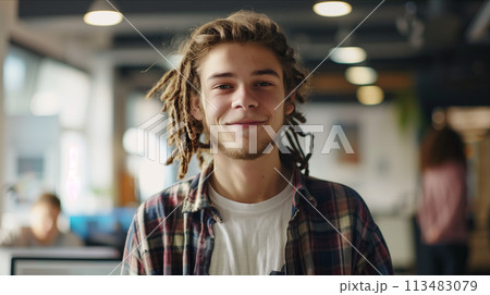 Caucasian male designer wearing casual clothes working in the office. 113483079