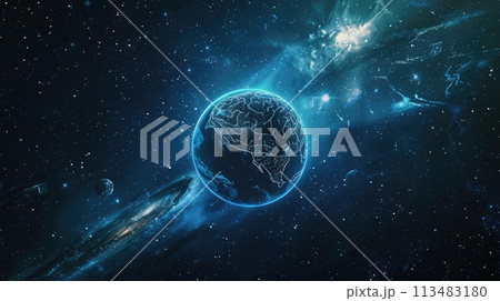 AI Ethics and Governance. Digital brain orbits planet, showing AI's global ethical impact 113483180