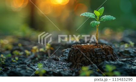 Generative ai illustration of a Young tree emerging from old tree stump 113483290