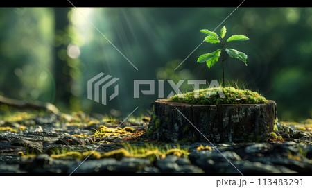 Generative ai illustration of a Young tree emerging from old tree stump 113483291