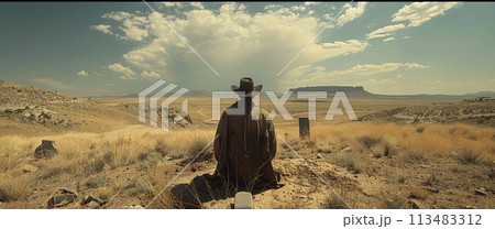 Generative ai illustration of a empty landscape with a cowboy alone 113483312