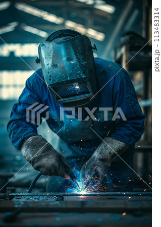 Male worker in uniform welding iron in factory. 113483314