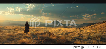 Generative ai illustration of a empty landscape with a cowboy alone 113483316