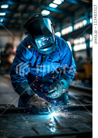 Male worker in uniform welding iron in factory. 113483317