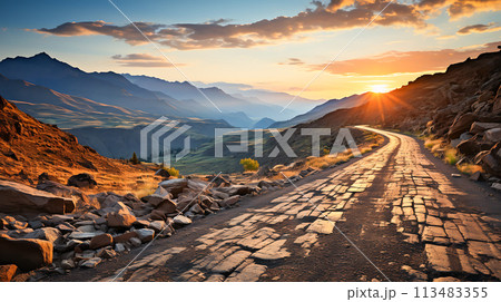 Mountain Road Exploring Majestic Landscapes Amidst Nature's Bounty, Generative Ai 113483355