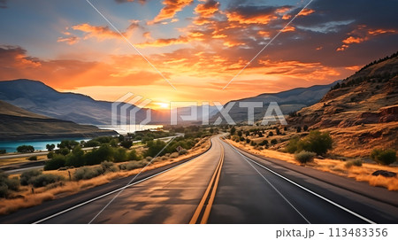 Mountain Road Exploring Majestic Landscapes Amidst Nature's Bounty, Generative Ai 113483356