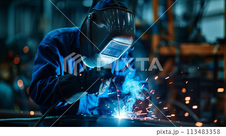 Male worker in uniform welding iron in factory. 113483358