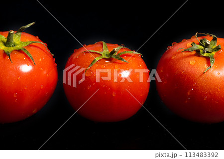 Fresh tomatoes with water drops on a black background close-up Fresh tomatoes with water drops on a black background close-up 113483392