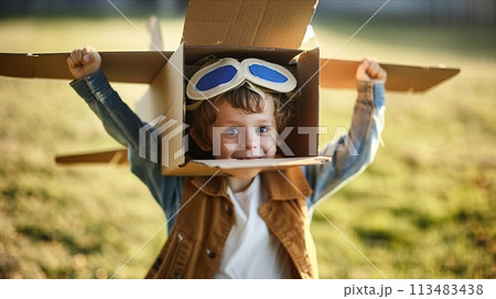 Caucasian boy playing with airplane made of cardboard in the park. 113483438
