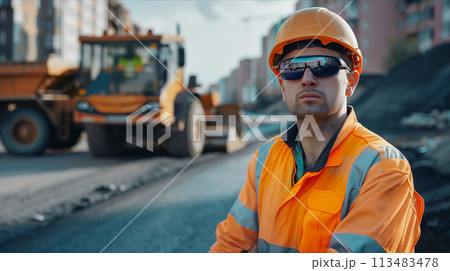 Caucasian male worker looks at camera with expression Confident in building roads in the city. 113483478