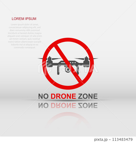 No drone zone sign icon in flat style. Quadrocopter ban vector illustration on white isolated background. Helicopter forbidden flight business concept. 113483479