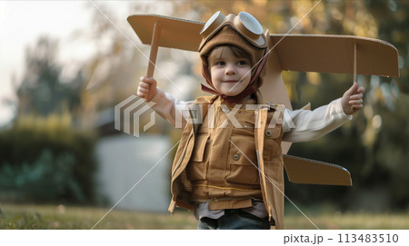 Caucasian boy playing with airplane made of cardboard in the park. 113483510