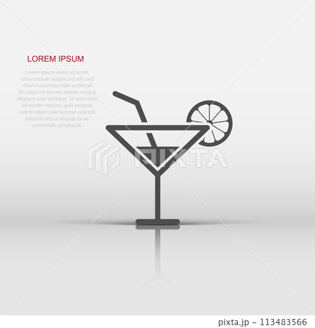 Alcohol cocktail icon in flat style. Drink glass vector illustration on white isolated background. Martini liquid business concept. Alcohol cocktail icon in flat style. Drink glass vector illustration on white isolated background. Martini liquid business concept. 113483566