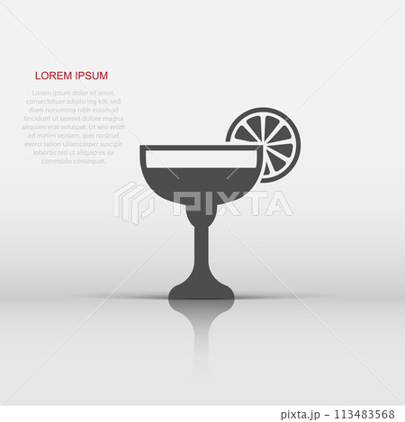Alcohol cocktail icon in flat style. Drink glass vector illustration on white isolated background. Martini liquid business concept. Alcohol cocktail icon in flat style. Drink glass vector illustration on white isolated background. Martini liquid business concept. 113483568
