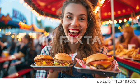 Caucasian woman holding fast food in two hands at carnival. 113483679