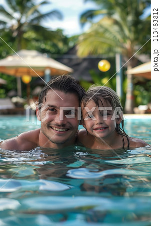 Caucasian father and daughter playing in swimming pool at hotel. 113483812