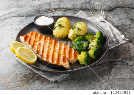 Grilled salmon, boiled potatoes, broccoli and cream sauce in a plate. Horizontal Grilled salmon, boiled potatoes, broccoli and cream sauce in a plate. Horizontal 113483921