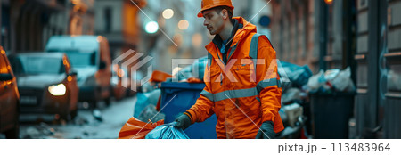 Caucasian male garbage worker carrying garbage bags in the city. 113483964