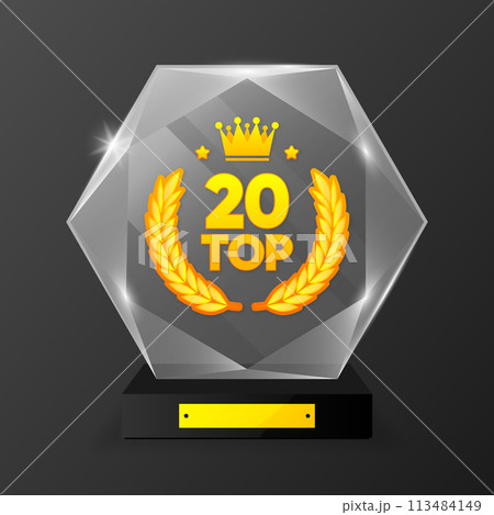 Top 20 Rating Chart. Best in the ranking. Winner in the category. Crystal figurine. Vector illustration. 113484149