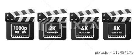 4K UHD, Quad HD, Full HD and HD resolution nameplates on white background. TV symbols and icons. Vector illustration. 113484179