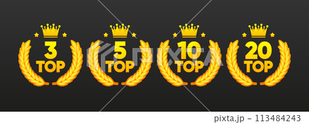 Top 3, 5, 10 and 20 Rating Chart. Best in the ranking. Winner in the category. Collection of badges. Vector illustration. 113484243