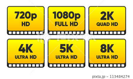 4K UHD, Quad HD, Full HD and HD resolution nameplates on white background. TV symbols and icons. Vector illustration. 113484274