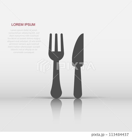 Fork and knife restaurant icon in flat style. Dinner equipment vector illustration on white isolated background. Restaurant business concept. 113484437