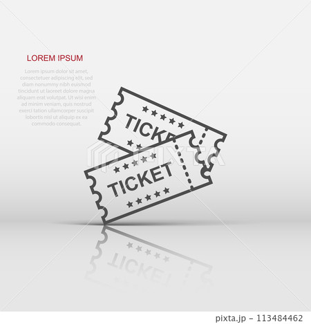 Cinema ticket icon in flat style. Admit one coupon entrance vector illustration on white isolated background. Ticket business concept. Cinema ticket icon in flat style. Admit one coupon entrance vector illustration on white isolated background. Ticket business concept. 113484462