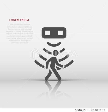 Motion sensor icon in flat style. Sensor waves with man vector illustration on white isolated background. People security connection business concept. Motion sensor icon in flat style. Sensor waves with man vector illustration on white isolated background. People security connection business concept. 113484493