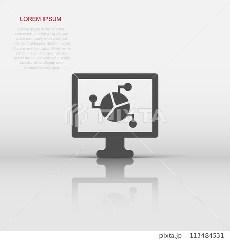 Analytic monitor icon in flat style. Diagram vector illustration on white isolated background. Statistic business concept. 113484531