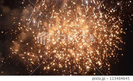 Golden Firework Happy new year 2023, 4th of july holiday festival concept. Golden Firework anniversary independence day night time celebrate national holiday. Countdown to new year 2023 party time 113484645