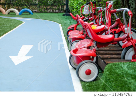 Red tricycles line up beside a track in a children's playground area 113484763
