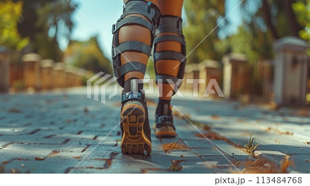 A person walking on a brick walkway with knee pads and leg braces, AI A person walking on a brick walkway with knee pads and leg braces, AI 113484768